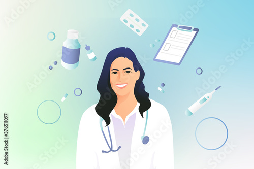 Young beautiful girl doctor in white coat with stethoscope on gradient mesh with icons and elements. Hospital staff concept.