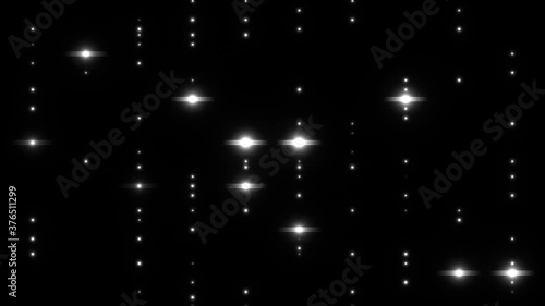 motion white particles and flashing light on black background, loop