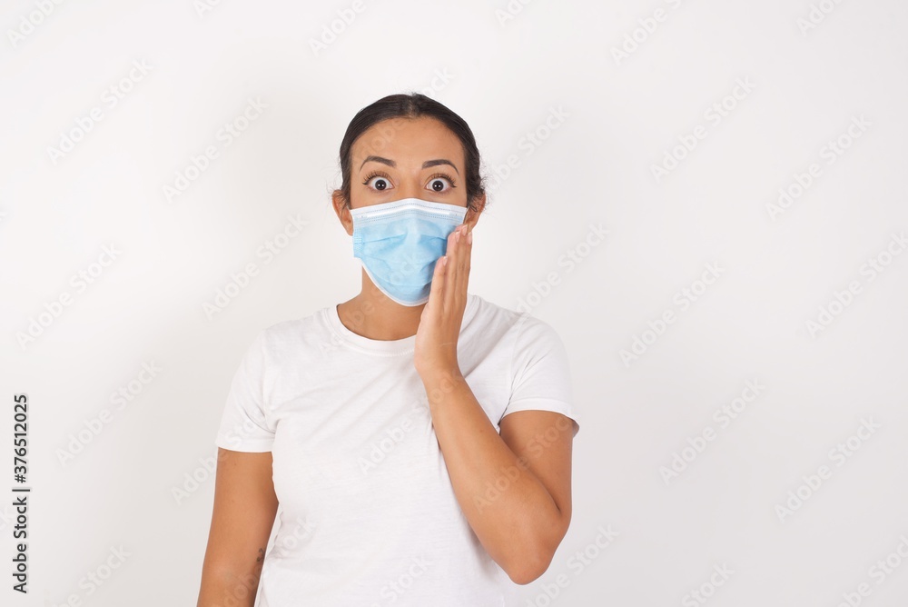 Horizontal portrait of shocked Young arab woman wearing medical mask standing looks with great surprisment being very stunned, astonished with unexpected news, . Facial expressions concept. Horizontal portrait of shocked Young arab woman wearing medical mask standing looks with great surprisment being very stunned, astonished with unexpected news, . Facial expressions concept.
