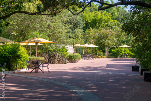 View of Large Decorated PAtio Area with Tables, Chairs and Umbellas photo