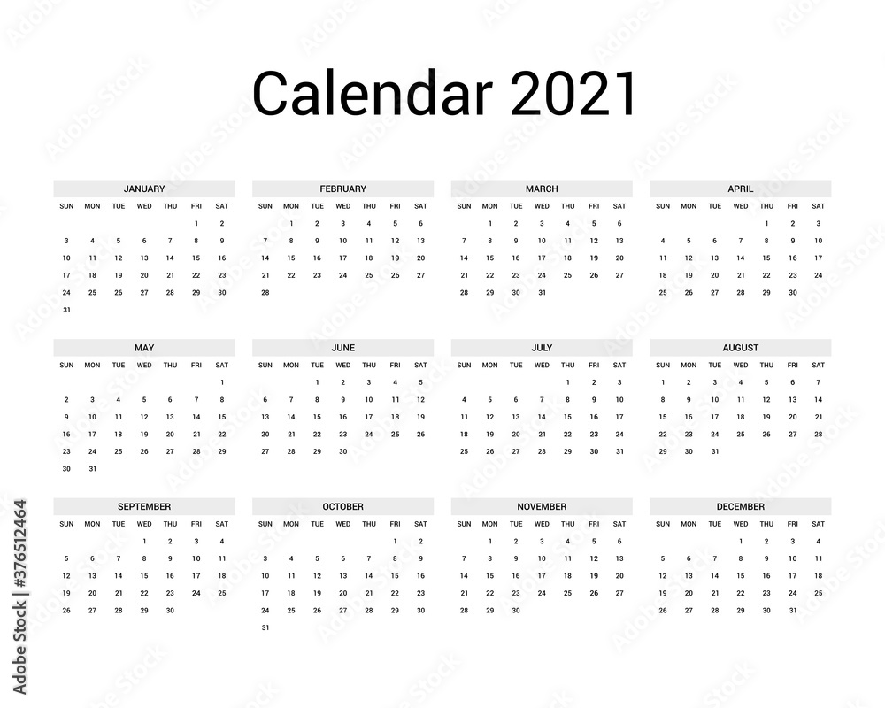 Naklejka Basic 2021 calendar template. Simple design with black text isolated on white background.
