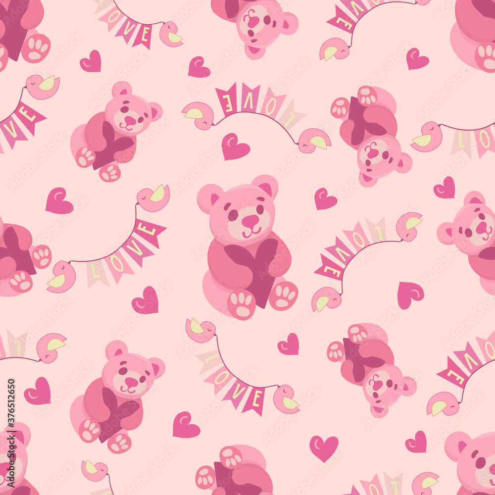 Cute teddy bear and brds with love sign seamless pattern on pink background. Hand drawn vector illustration with toy bears for Valentines day greeting cards, birthdays, wrapping and digital paper.