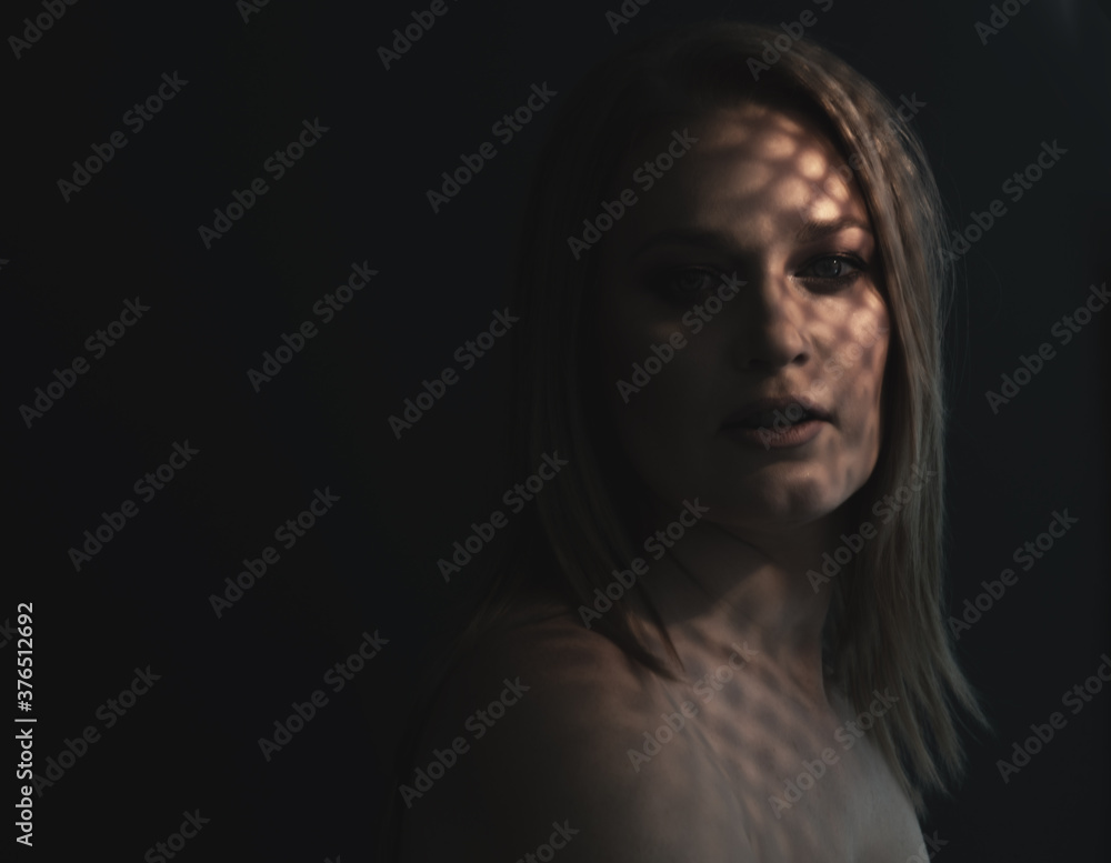 Beautiful mid adult woman with interesting pattern of light and shadow on her face. Beauty female portrait, soft focus Beautiful mid adult woman with interesting pattern of light and shadow on her face. Beauty female portrait, soft focus