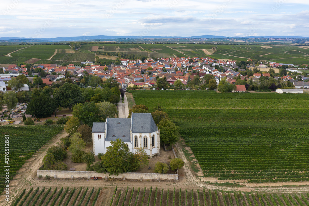 Bird's eye view of the mountain church of Udenheim / Germany in Rhineland-Palatinate in the middle of the vineyards