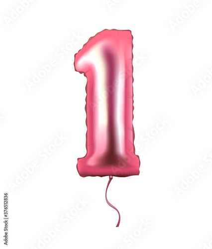 Number one pink foil balloon, realistic vector
