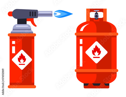 set of portable gas burner and gas cylinder on a white background. flat vector illustration.