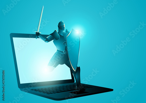 Knight with shield and sword appearing from laptop screen