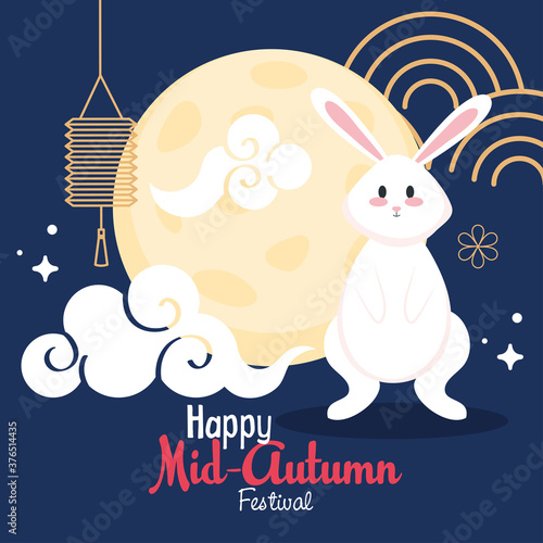 chinese mid autumn festival with rabbit, clouds, full moon and lanterns hanging vector illustration design