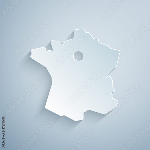 Paper cut Map of France icon isolated on grey background. Paper art style. Vector.