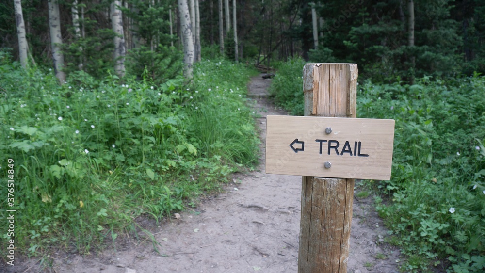 Trail sign marking hiking path in the Rocky Mountains