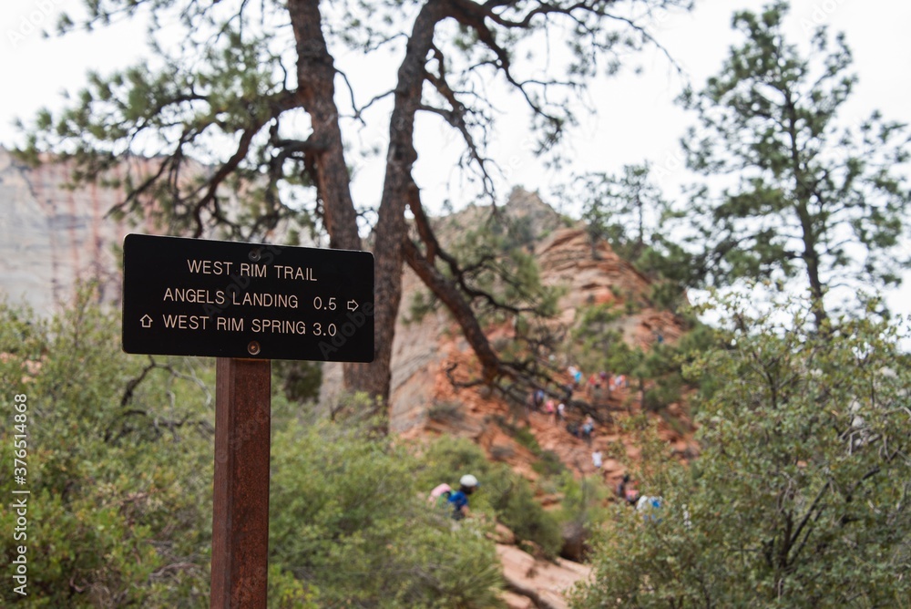 Trail sign to the peak of Angels Landing in Zion National park