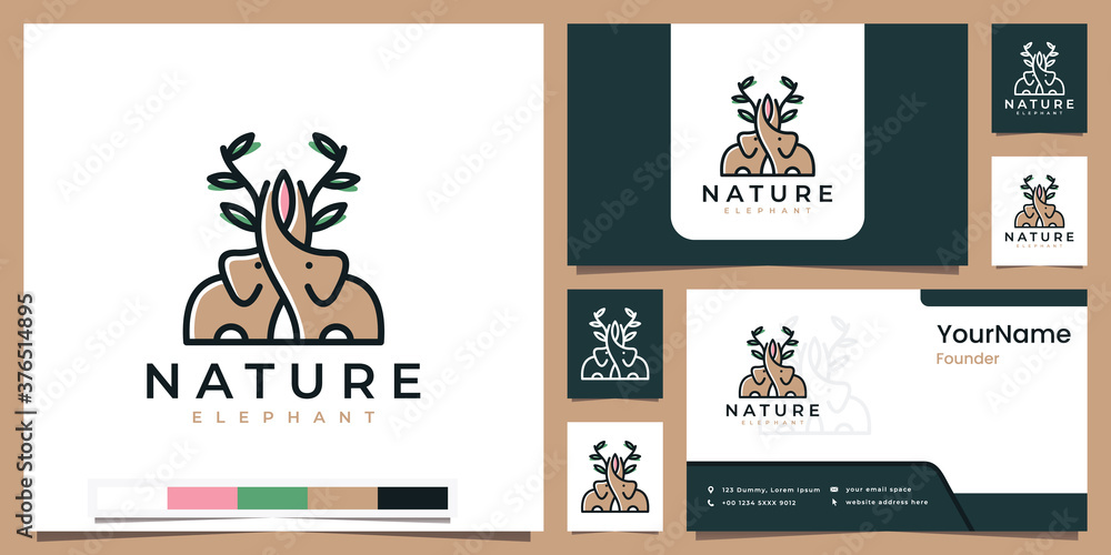 nature twin elephant with leaves logo design inspiration