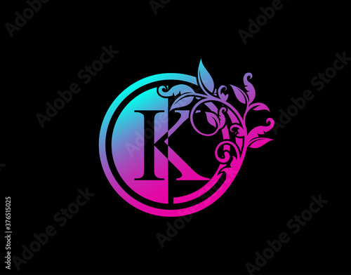Circle K Letter Floral Logo. Luxury K Swirl Logo Icon perfect for salon, yoga, restaurant, boutique and letter stamp.