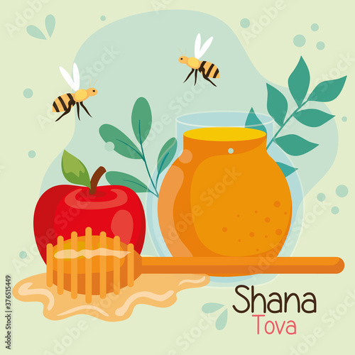 rosh hashanah celebration  jewish new year  with honey  bees flying and apple vector illustration design