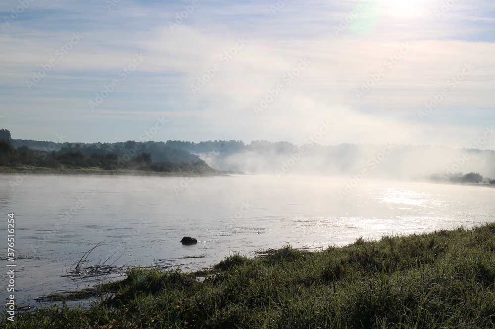 View of the misty river from the morning in summer View of the misty river from the morning in summer