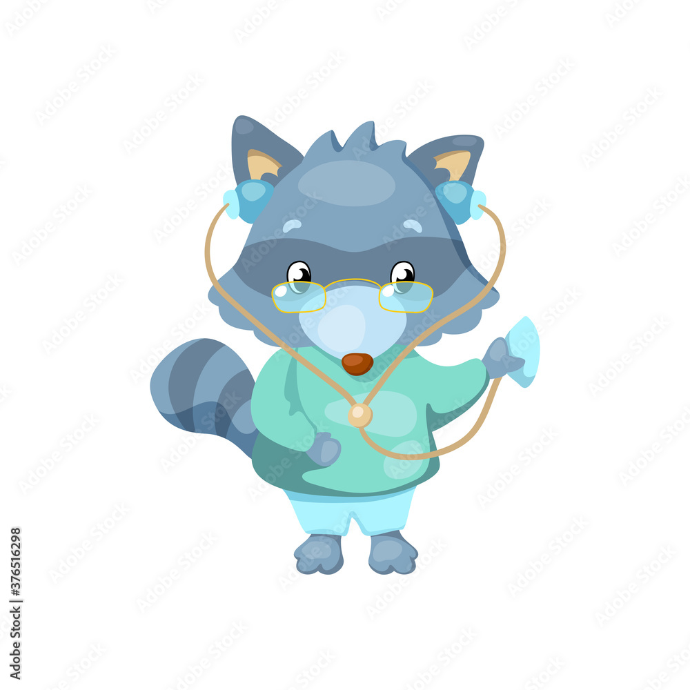 Cute racoon doctor checking breath, vector illustration on white background. Medical occupation icon Cute racoon doctor checking breath, vector illustration on white background. Medical occupation icon