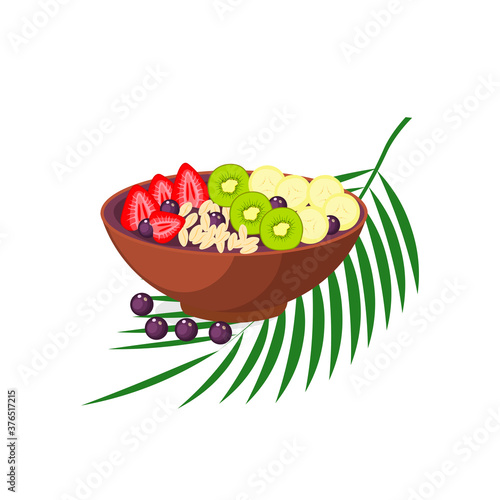 Acai smoothie bowl with strawberries, banana, kiwi, granola. Muesli fruits healthy natural breakfast. Healthy food, oat flakes, vector cartoon illustration.