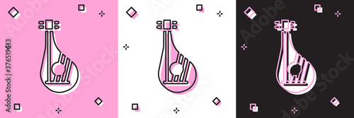 Set Ukrainian traditional musical instrument bandura icon isolated on pink and white, black background. Vector.