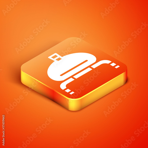 Isometric Bread and salt on towel icon isolated on orange background. National food loaf. Traditional ukrainian wedding bread. Vector.