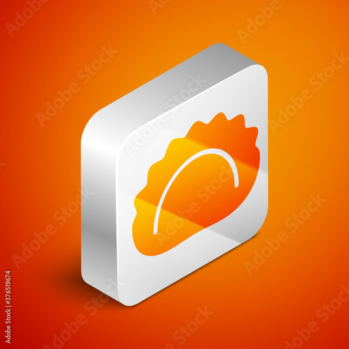 Isometric Dumplings icon isolated on orange background. Pierogi, varenyky, pelmeni, ravioli. Traditional Ukrainian food. Silver square button. Vector.