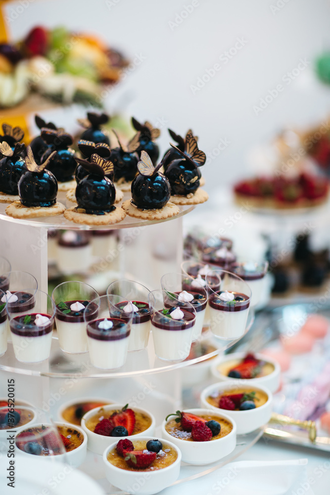 Tasty mousse desserts on the sweet wedding bar, sweet food on the birthday party celebration, decorated with berries desserts and tartlets, chocolate desserts, beautiful patisserie