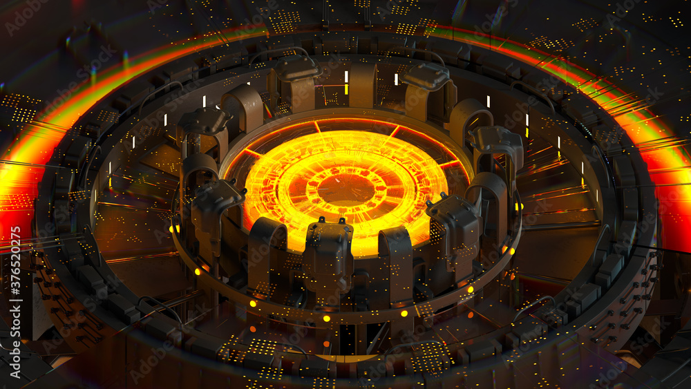 Obraz premium 3d render of complex computing structure with glowing element in the center of it. Artificial intelligence center concept. CPU structure...