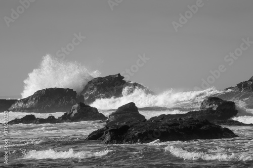 Ocean meeting a rocky shore in black and white