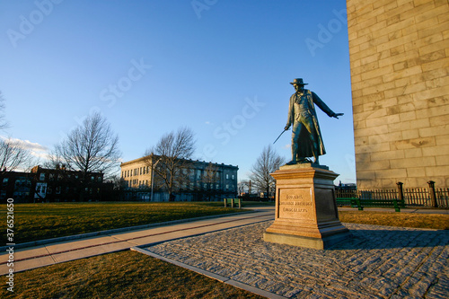 Boston, MA / United States - Feb 19, 2006: a sunset view of the statue of Col. William Prescott at Bunker Hill Monument located in the Charlestown section of Boston. photo