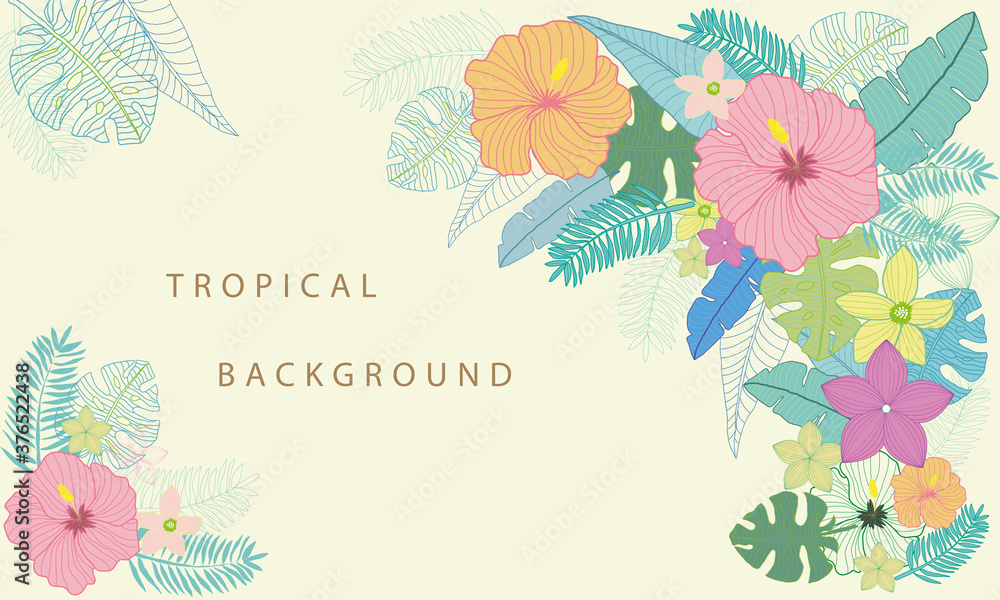 Collection of tropical flowers and leaves. Exotic tropical leaf and flowers background. Perfect for invitation greeting template. Summer style banners.