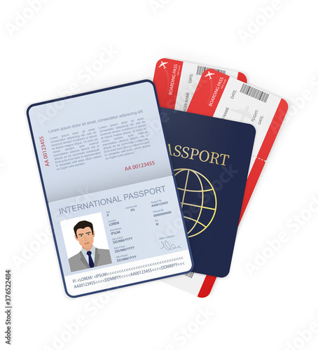 International passport and airline tickets on white background. Vector illustration icon. Flat icon design. Identity document.