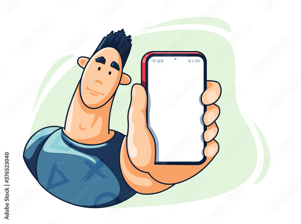 flat vector illustration isolated on white background, male character holding smartphone in outstretched hand, advertising element