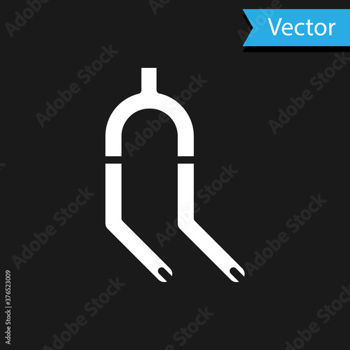 White Bicycle suspension fork icon isolated on black background. Sport transportation spare part steering wheel. Vector.