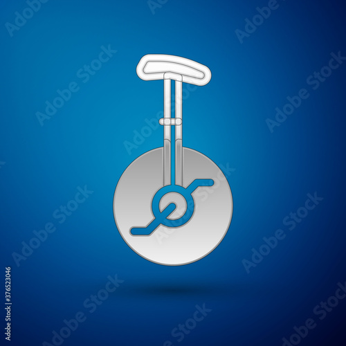 Silver Unicycle or one wheel bicycle icon isolated on blue background. Monowheel bicycle. Vector.