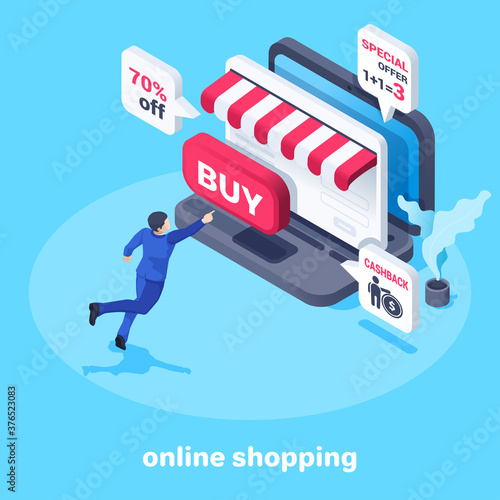 isometric vector image on a blue background, a laptop with an online store page and a big red buy button, a man in a business suit makes online purchases for a promotion