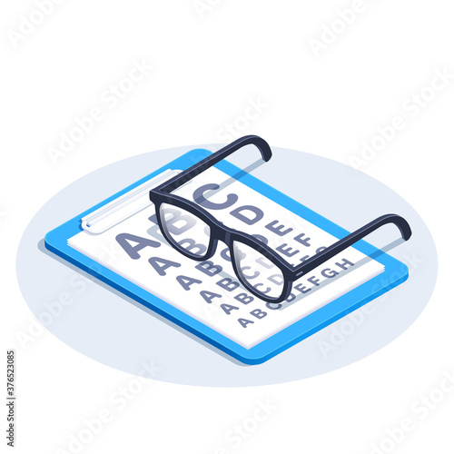isometric vector image on a white background, a tablet with paper on which is printed test for a vision and glasses, an advertisement for an ophthalmological center