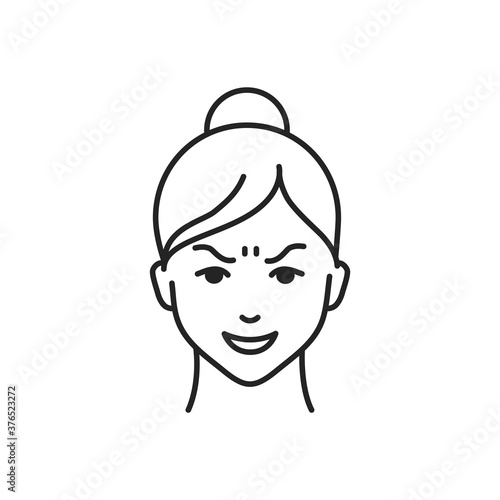 Human feeling gloat line black icon. Face of a young girl depicting emotion sketch element. Cute character on white background.