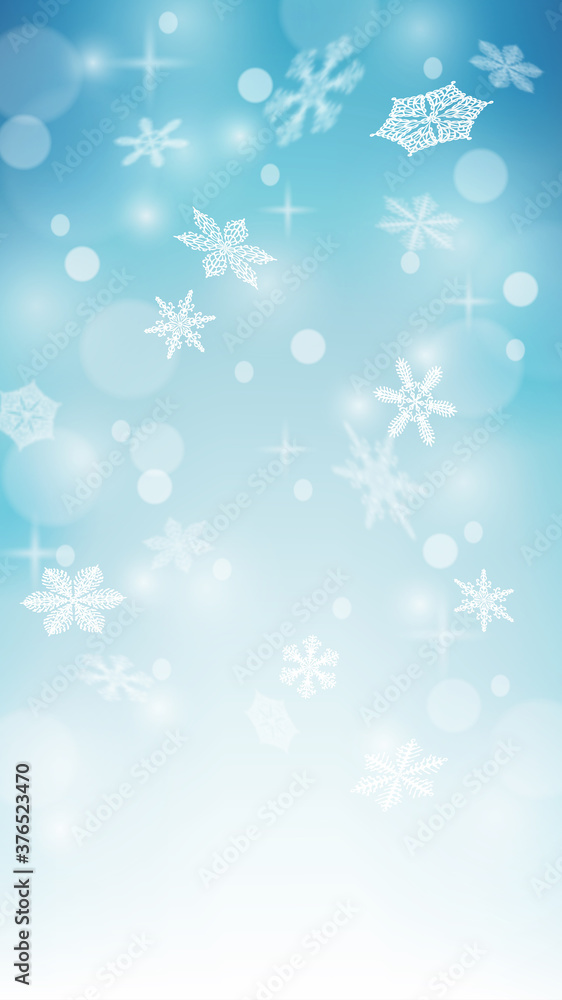 Abstract Christmas light blue background. winter season. background with snowfall. White snowflakes on blue sky.