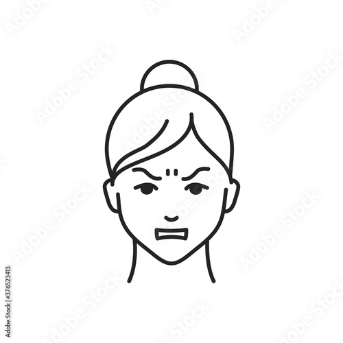 Human feeling hate line black icon. Face of a young girl depicting emotion sketch element. Cute character on white background.