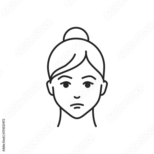 Human feeling helplessness line black icon. Face of a young girl depicting emotion sketch element. Cute character on white background