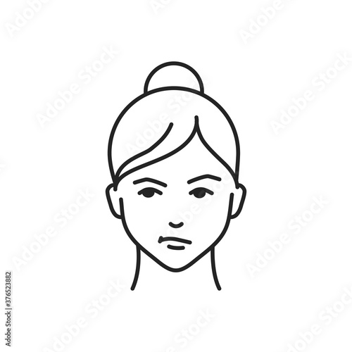 Human feeling suspicion line black icon. Face of a young girl depicting emotion sketch element. Cute character on white background