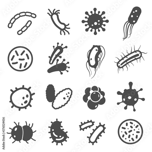 Bacteria, microbes icons set isolated on white. Infection, bacillus, pathogen pictograms.