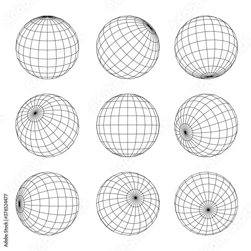 Globe Grid set. Earth, planet, orb wireframe in nine position. Geographical longitude, latitude.