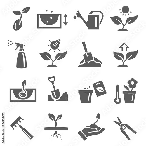 Gardening, plants growing bold black silhouette icons set isolated on white. Pomiculture, orcharding.