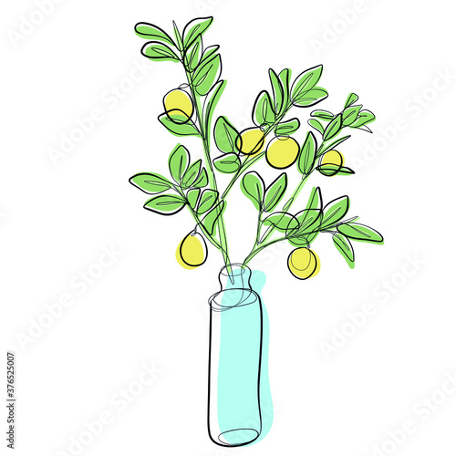 dibujo en vectorial de ramas de limonero (on limones) en un jarrón con estilo de una linea