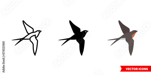 Barn swallow icon of 3 types color, black and white, outline. Isolated vector sign symbol.