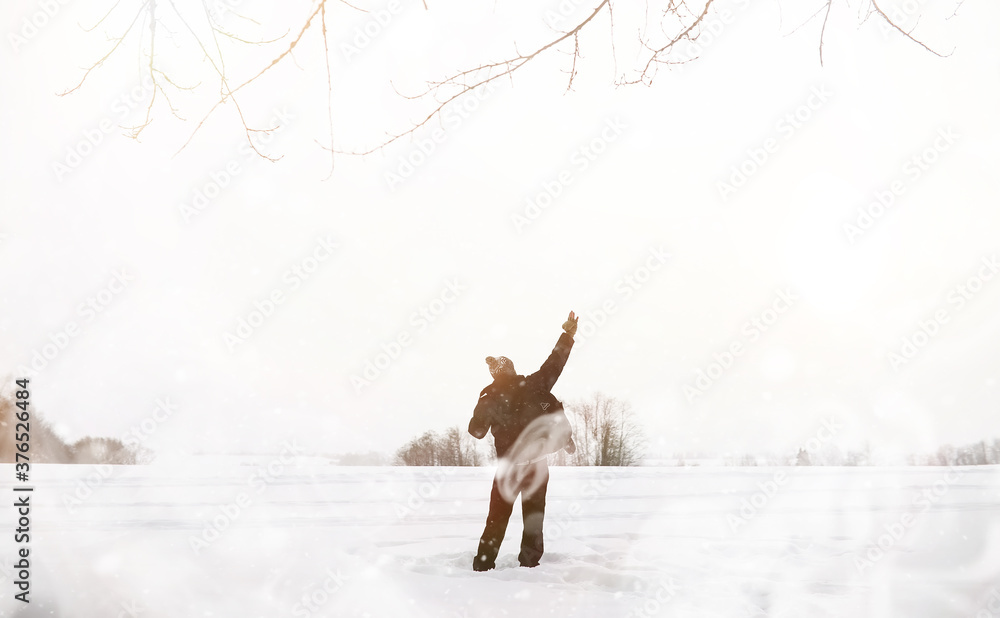 A man on a walk. Winter landscape. Tourist in winter journey. A man on a walk. Winter landscape. Tourist in winter journey.