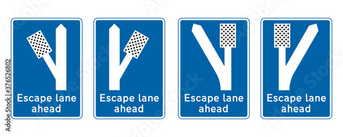 Escape lane ahead road sign set. Vector illustration of collection of traffic sign for vehicles unable to stop on steep hill. Information for truck drivers. Runaway truck ramp.