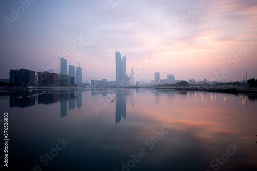 Bahrain skyline and haze in the morning during sunrise