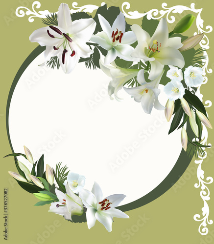 white lily flowers circule frame