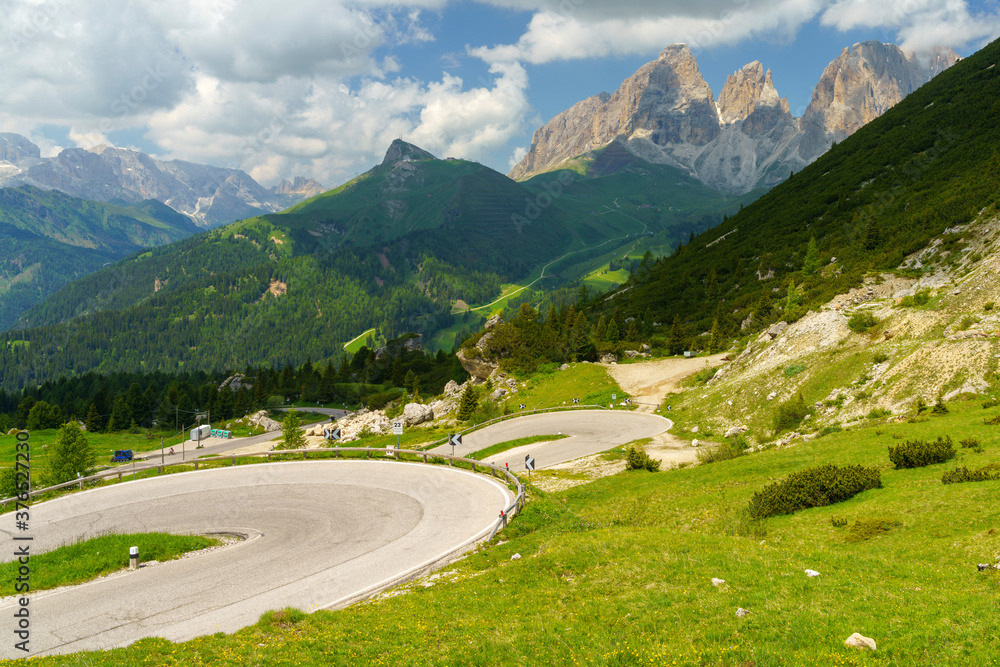 Mountain landscape along the road to Pordoi pass, Dolomites